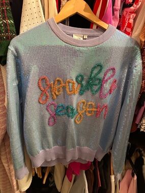 Queen of Sparkles Sparkle Season Sequin Pullover Sweater - blue/lavender Small